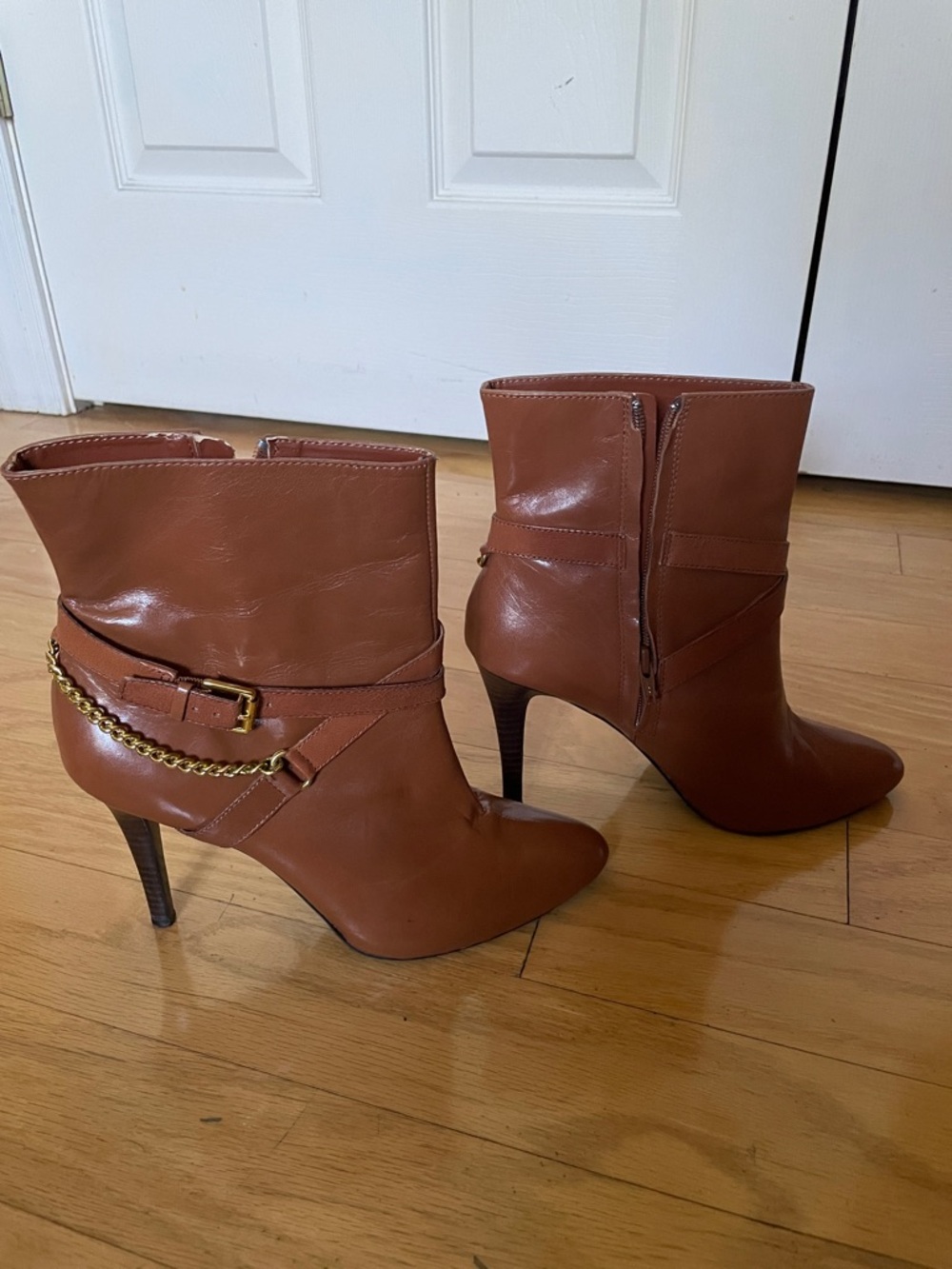 Ralph Lauren Brown High-Heel Ankle Boots with Decorative Chain size 9